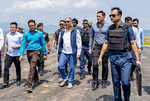 Manipur Chief Minister Yumnam Khemchand Singh reviews the ongoing infrastructure works at the National Sports University campus, in Imphal West district, Manipur. 