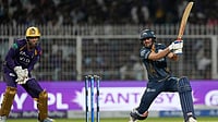 AP/Bikas Das : Shubman Gill (right) hits a six during the Indian Premier League match between Gujarat Titans and Kolkata Knight Riders in Kolkata.