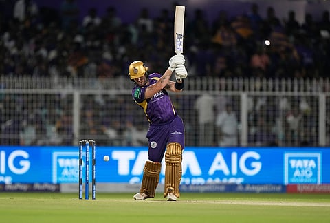 Kolkata Knight Riders' Finn Allen plays a shot during the Indian Premier League cricket match between Gujarat Titans and Kolkata Knight Riders, in Kolkata.