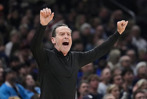 Cleveland Cavaliers head coach Kenny Atkinson shouts in the first half of Game 6 of a second-round NBA basketball playoffs series against the Detroit Pistons in Cleveland. 