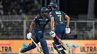 (AP Photo/Bikas Das) : Gujarat Titans' captain Shubman Gill, right, and Sai Sudharsan run between the wickets during the Indian Premier League match between GT and KKR, in Kolkata on Saturday, May 16, 2026.