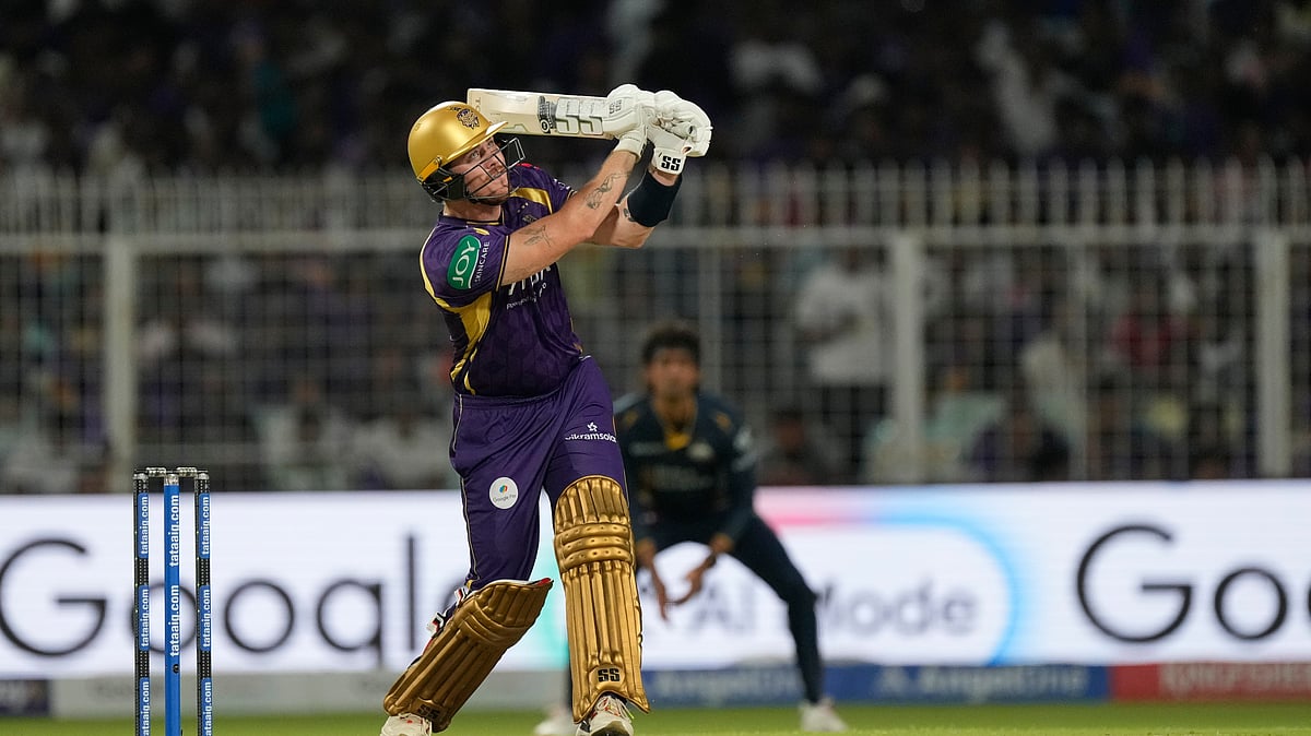 Kolkata Knight Riders' Finn Allen plays a shot during the Indian Premier League cricket match between Gujarat Titans and Kolkata Knight Riders, in Kolkata , India, Saturday, May 16, 2026. - (AP Photo/Bikas Das)