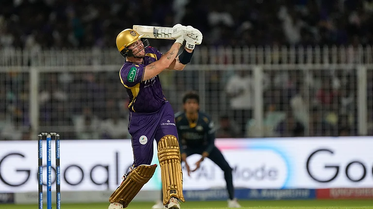 Kolkata Knight Riders' Finn Allen plays a shot during the Indian Premier League cricket match between Gujarat Titans and Kolkata Knight Riders, in Kolkata , India, Saturday, May 16, 2026. - (AP Photo/Bikas Das)