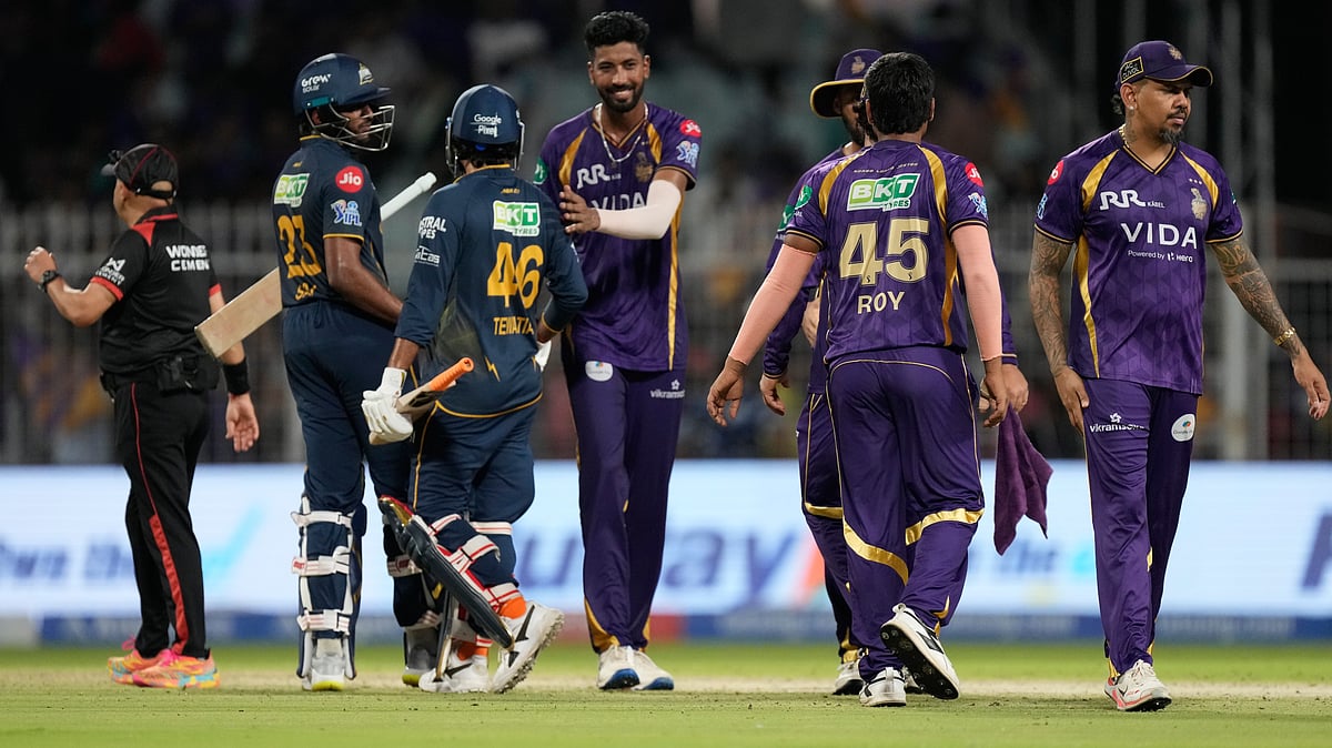 Gujarat Titans' Sai Sudharsan, left, and Rahul Tewatia greet Kolkata Knight Riders players after Kolkata Knight Riders defeated Gujarat Titans in their Indian Premier League cricket match in Kolkata. - AP Photo