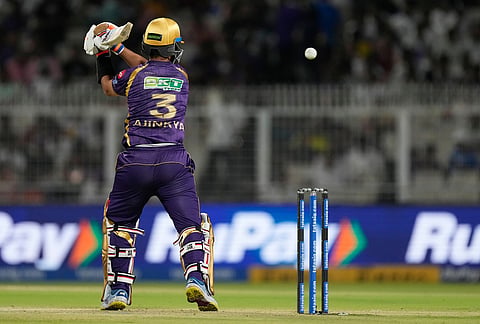 Kolkata Knight Riders' captain Ajinkya Rahane plays a shot during the Indian Premier League cricket match between Gujarat Titans and Kolkata Knight Riders, in Kolkata.