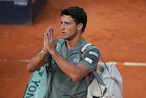 Luciano Darderi of Italy gestures at the end of the semifinal match against Casper Ruud of Norway, at the Italian Open tennis tournament in Rome.