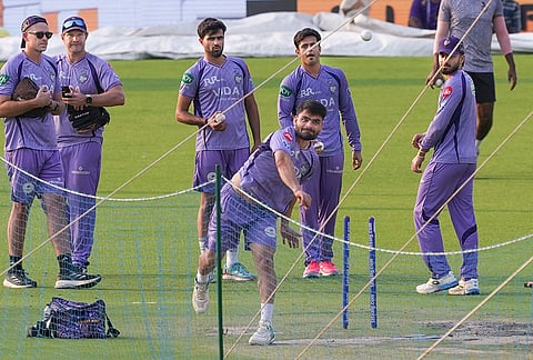 Kolkata: Kolkata Knight Riders' team members look on as Rinku Singh bowls a delivery during a practice session ahead of an Indian Premier League (IPL) 2026 T20 cricket match between Kolkata Knight Riders and Gujarat Titans, in Kolkata, West Bengal.