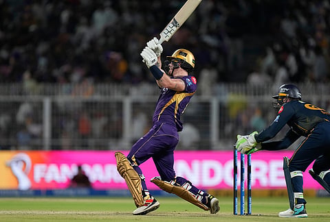 Kolkata Knight Riders' Finn Allen hits a six during the Indian Premier League cricket match between Gujarat Titans and Kolkata Knight Riders, in Kolkata.