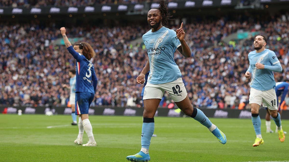 Manchester City's Antoine Semenyo celebrates after scoring the opening goal during the English FA Cup final soccer match between Chelsea and Manchester City in London, Saturday, May 16, 2026. - | Photo: AP/Richard Pelham