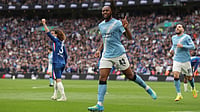 | Photo: AP/Richard Pelham : Manchester City's Antoine Semenyo celebrates after scoring the opening goal during the English FA Cup final soccer match between Chelsea and Manchester City in London, Saturday, May 16, 2026.