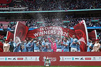 Chelsea 0-1 Man City, FA Cup Final: Semenyo Stunner Keeps Guardiola's Men On Track For Domestic Treble | Photo: AP/Richard Pelham : Manchester City players celebrate with the winner's trophy after the English FA Cup final soccer match between Chelsea and Manchester City in London.