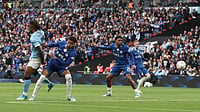 | Photo: AP/Richard Pelham : Manchester City's Antoine Semenyo, left, scores the opening goal during the English FA Cup final soccer match between Chelsea and Manchester City in London, Saturday, May 16, 2026. 