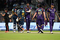 KKR Vs GT, IPL 2026: Finn Allen, Angkrish Raghuvanshi Help Keep Kolkata Knight Riders In Playoffs Hunt | Photo: AP/Bikas Das : Gujarat Titans' Sai Sudharsan, left, and Rahul Tewatia greet Kolkata Knight Riders players after Kolkata Knight Riders defeated Gujarat Titans in their Indian Premier League cricket match in Kolkata.