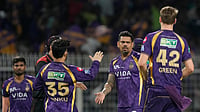 (AP Photo/Bikas Das) : Kolkata Knight Riders' Sunil Narine celebrates with teammates the wicket of Gujarat Titans' Nishant Sindhu during the Indian Premier League cricket match between Gujarat Titans and Kolkata Knight Riders, in Kolkata , India, Saturday, May 16, 2026.