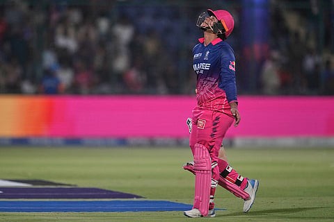 Rajasthan Royals' Vaibhav Sooryavanshi leaves the ground after losing his wicket during the Indian Premier League cricket match between Delhi Capitals and Rajasthan Royals in New Delhi, India.