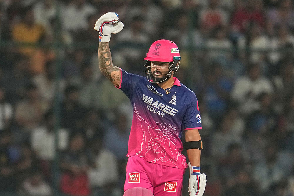 Rajasthan Royals captain Riyan Parag celebrates his fifty runs