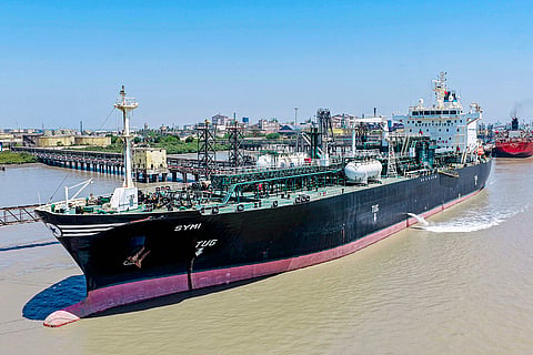 In this image received on May 17, 2026, Marshall Islands-flagged tanker, 'Symi', carrying around 20,000 tonnes of liquified petroleum gas (LPG) arrives at Kandla Port in Gujarat's Kachchh district.