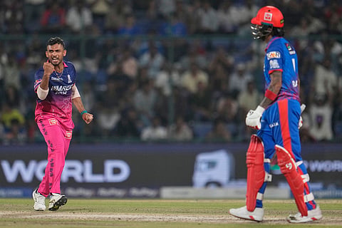 Rajasthan Royals' Dasun Shanaka, left celebrates the wicket of Delhi Capitals' KL Rahul, right, during the Indian Premier League cricket match between Delhi Capitals and Rajasthan Royals in New Delhi, India.