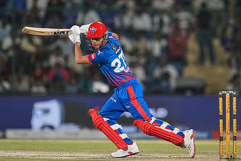 Delhi Capitals' Sahil Parakh plays a shot during the Indian Premier League cricket match between Delhi Capitals and Rajasthan Royals in New Delhi, India.
