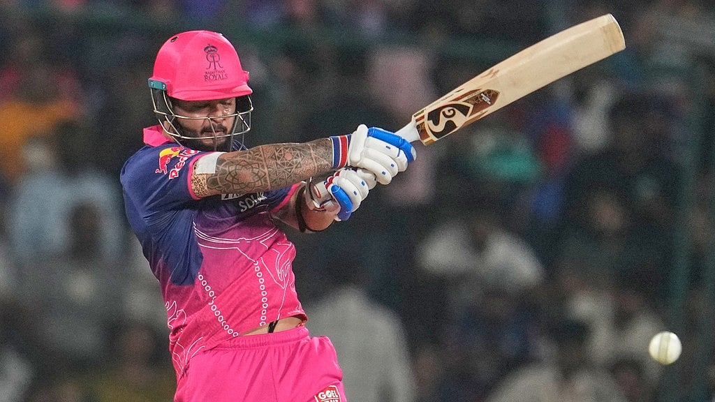Riyan Parag plays a shot during the Indian Premier League match between Delhi Capitals and Rajasthan Royals in New Delhi. - AP