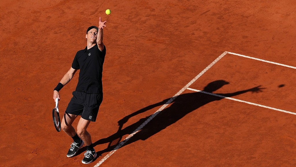 Jannik Sinner, of Italy, serves to Casper Ruud, of Norway, during the final match at the Italian Open tennis tournament, in Rome. - AP/Alessandra Tarantino