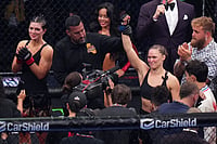 Rousey Vs Carano, Netflix MMA: Ronda Rousey Flattens Gina Carano In 17 Seconds With Armbar | Photo: AP/Jae C. Hong : Ronda Rousey, of the United States, center, celebrates after defeating Gina Carano, of the United States, left, in their featherweight mixed martial arts fight in Inglewood, Calif.