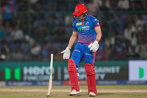 Delhi Capitals' David Miller reacts after losing his wicket during the Indian Premier League cricket match between Delhi Capitals and Rajasthan Royals in New Delhi, India.