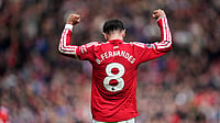 Man United 3-2 Nottingham Forest, Premier League: Bruno Fernandes Equals Assist Record In Red Devils Victory | Photo: AP/Dave Thompson : Manchester United's Bruno Fernandes celebrates their victory at the English Premier League soccer match between Manchester United and Nottingham Forest in Manchester, England, Sunday, May 17, 2026.