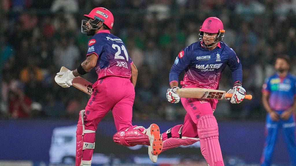 Rajasthan Royals' Dhruv Jurel, left, and Vaibhav Sooryavanshi run between the wickets during the Indian Premier League cricket match between Delhi Capitals and Rajasthan Royals in New Delhi, India, Sunday, May 17, 2026 - AP Photo/Manish Swarup