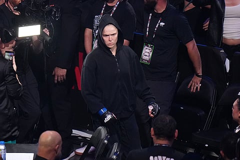 Ronda Rousey, of the United States, is introduced before facing Gina Carano, of the United States, in a featherweight mixed martial arts fight Saturday, May 16, 2026, in Inglewood, Calif. ()