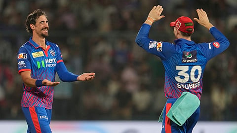 Mitchel Starc, left, and Tristan Stubbs celebrates the wicket of Donovan Ferreira during the Indian Premier League match between Delhi Capitals and Rajasthan Royals in New Delhi.