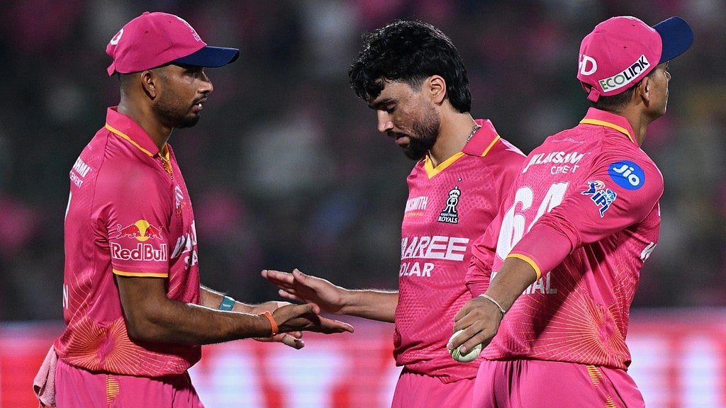 Brijesh Sharma, centre, celebrates with teammates the wicket of Jason Holder during the Indian Premier League match between Rajasthan Royals and Gujarat Titans in Jaipur. - Photo: AP