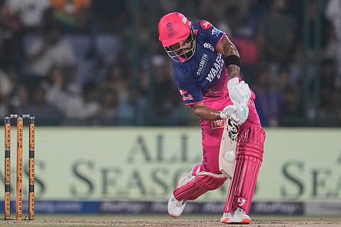 Rajasthan Royals' Dhruv Jurel plays a shot during the Indian Premier League cricket match between Delhi Capitals and Rajasthan Royals in New Delhi, India.