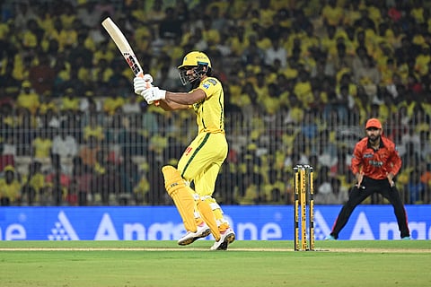 Chennai Super Kings' captain Ruturaj Gaikwad plays a shot during the Indian Premier League cricket match between Chennai Super Kings' and Sunrisers Hyderabad in Chennai, India.