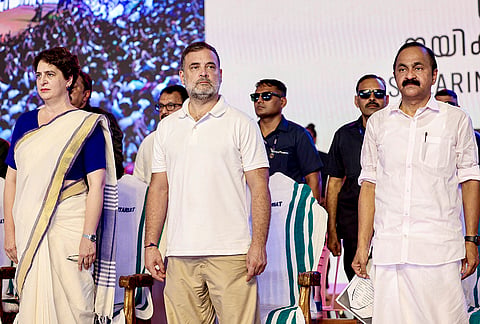 Newly sworn-in Kerala Chief Minister VD Satheesan, LoP in Lok Sabha Rahul Gandhi and Congress MP Priyanka Gandhi Vadra during the swearing-in ceremony of the state government, in Thiruvananthapuram.