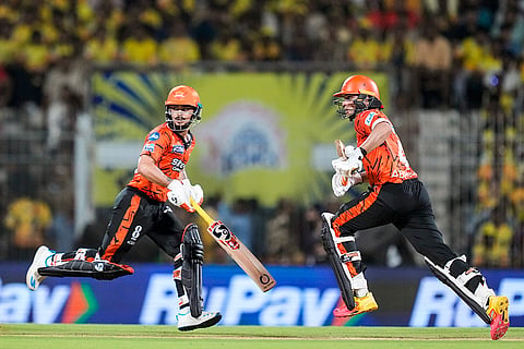 Sunrisers Hyderabad's Abhishek Sharma and Ishan Kishan run between the wickets during the Indian Premier League (IPL) 2026 T20 cricket match between Chennai Super Kings and Sunrisers Hyderabad, in Chennai, Tamil Nadu.