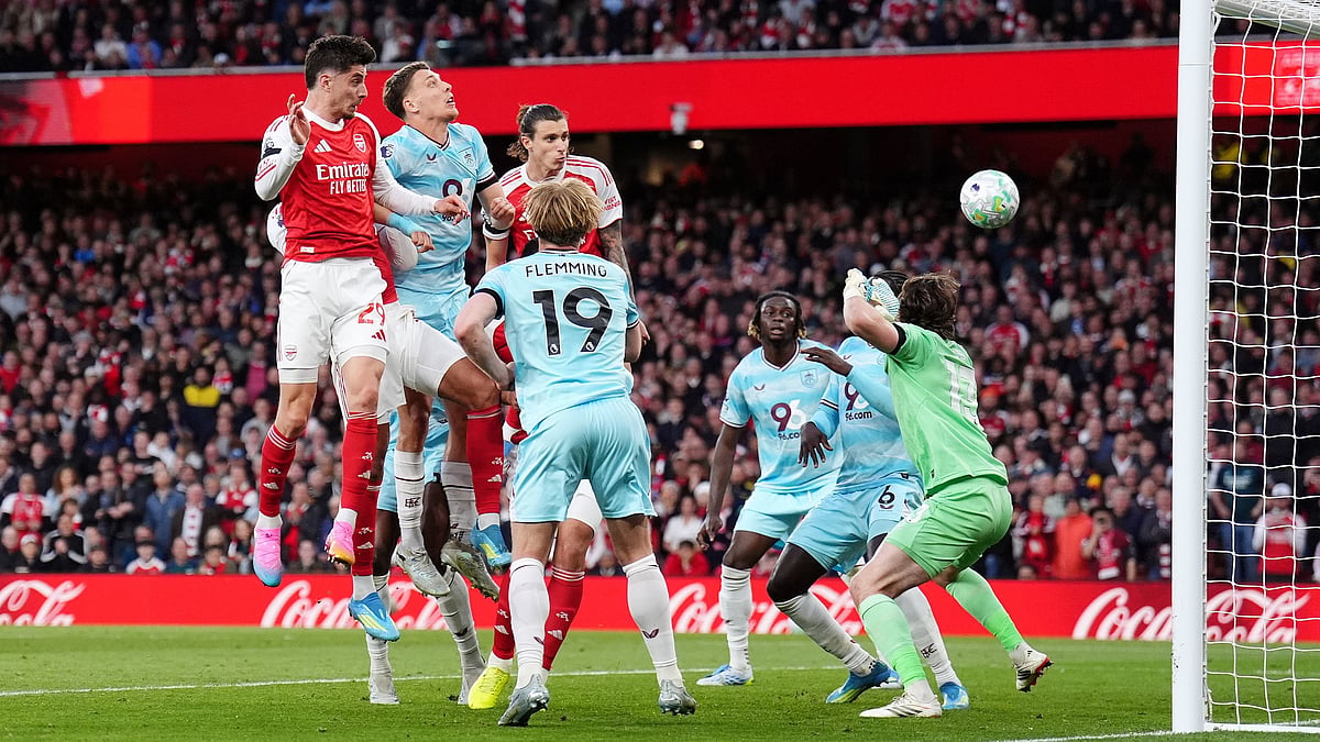 Kai Havertz heading the ball into the goal during Arsenal vs Burnley Premier League 2025-26 match.  - AP Photo
