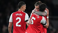 AP Photo : Arsenal's Riccardo Calafiori hugs Piero Hincapie after a Premier League soccer match between Arsenal and Burnley in London.