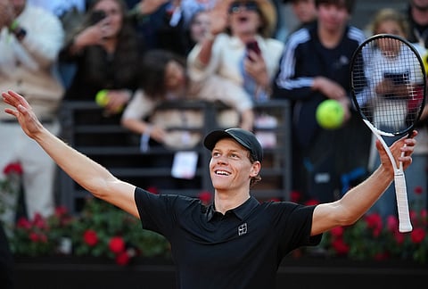 Jannik Sinner, of Italy, celebrates after defeating Casper Ruud, of Norway, 6/4, 6/4 in the final match at the Italian Open tennis tournament, in Rome.