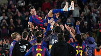 | Photo: AP/Joan Mateu Parra : Barcelona's Robert Lewandowski is thrown into the air by his teammates after his last game for the club at the end of the Spanish La Liga soccer match between FC Barcelona and Real Betis in Barcelona, Spain, Sunday, May 17, 2026.