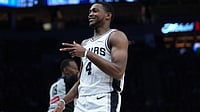 AP Photo : San Antonio Spurs guard De'aaron Fox reacts after scoring against the Minnesota Timberwolves during the second half of Game 6 of an NBA basketball second-round playoffs series in Minneapolis.