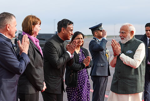 Prime Minister Narendra Modi departs for Oslo, Norway, after concluding his visit to Sweden. 