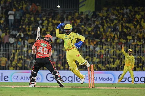 Chennai Super Kings' wicketkeeper Sanju Samson celebrates after stumping Sunrisers Hyderabad's Heinrich Klaasen during the Indian Premier League cricket match between Chennai Super Kings' and Sunrisers Hyderabad in Chennai, India.