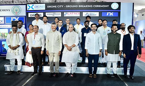 Union Defence Minister Rajnath Singh and AP CM Chandrababu Naidu with other dignitaries at the event
