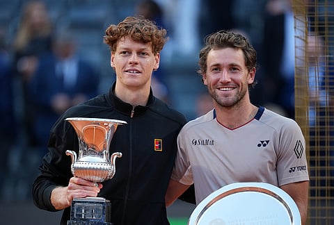Jannik Sinner, of Italy, and second placed Casper Ruud, of Norway, right, pose after their final match at the Italian Open tennis tournament, in Rome.