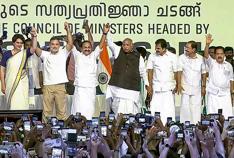 Kerala Chief Minister-designate VD Satheesan, LoP in Lok Sabha Rahul Gandhi, Congress President Mallikarjun Kharge, party MPs Priyanka Gandhi Vadra, KC Venugopal and others during the swearing-in ceremony of the state government, in Thiruvananthapuram.
