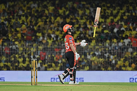 Sunrisers Hyderabad's Ishan Kishan reacts after scoring fifty runs during the Indian Premier League cricket match between Chennai Super Kings' and Sunrisers Hyderabad in Chennai, India.