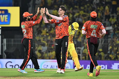 Sunrisers Hyderabad's Pat Cummins celebrates the wicket of Chennai Super Kings' Kartik Sharma with teammates during the Indian Premier League cricket match between Chennai Super Kings' and Sunrisers Hyderabad in Chennai, India.