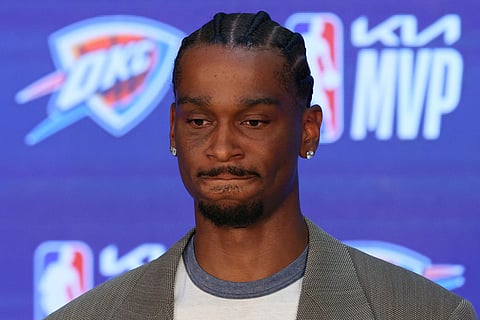 Oklahoma City Thunder guard Shai Gilgeous-Alexander pauses while speaking during a news conference after being named the NBA basketball MVP in Oklahoma City.