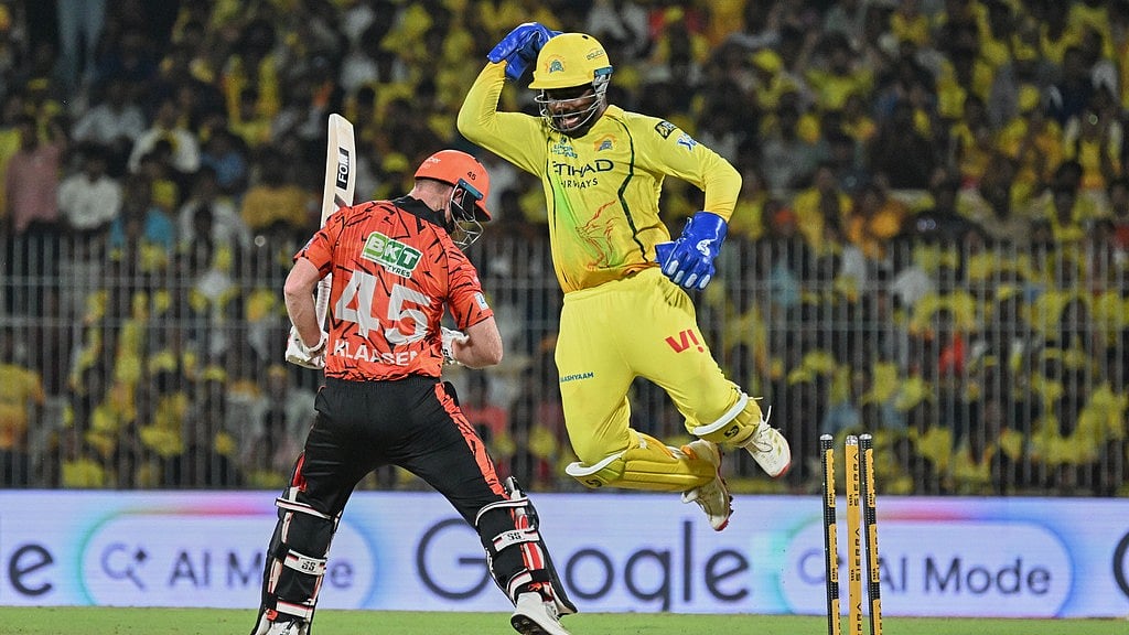 Sanju Samson celebrates after stumping Heinrich Klaasen during the Indian Premier League match between Chennai Super Kings and Sunrisers Hyderabad in Chennai. - AP